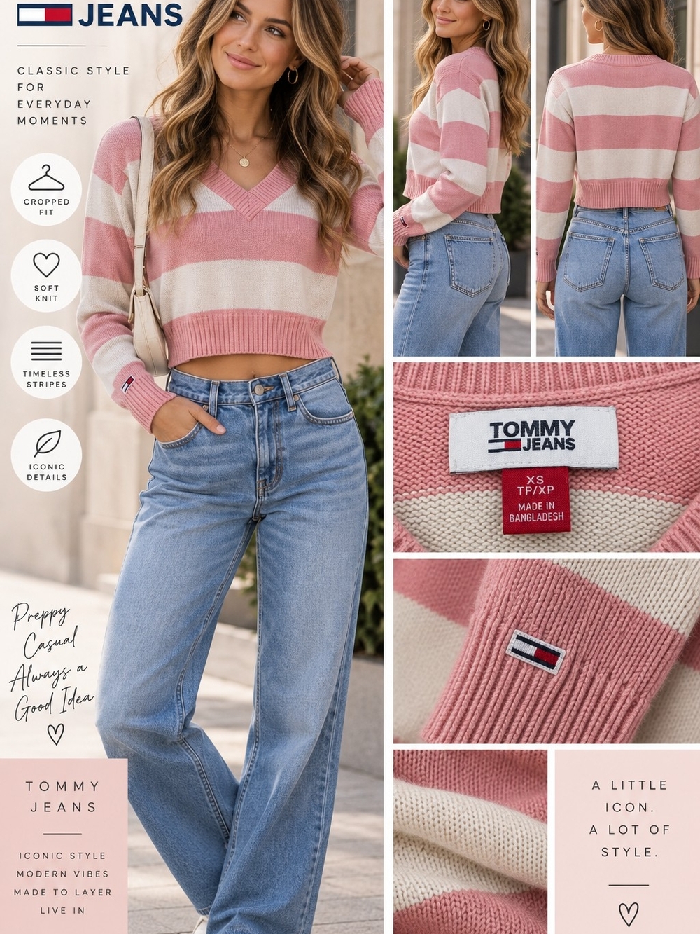 Tommy Jeans XS Pink Ivory Striped Cropped V Neck Sweater Preppy Y2K